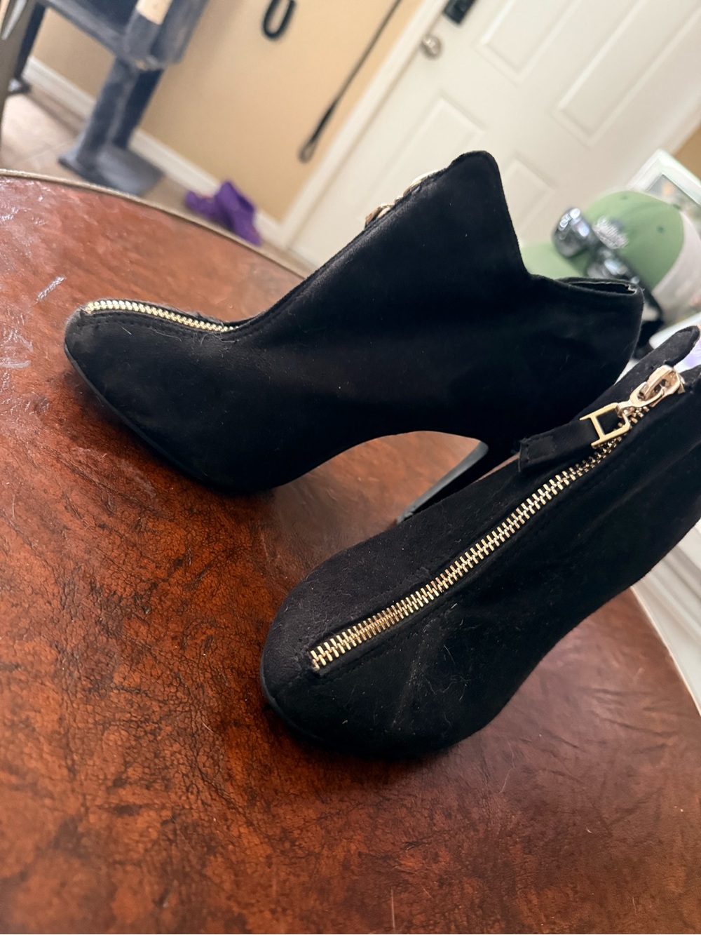 Black Suede Zip Front Ankle Booties - Women